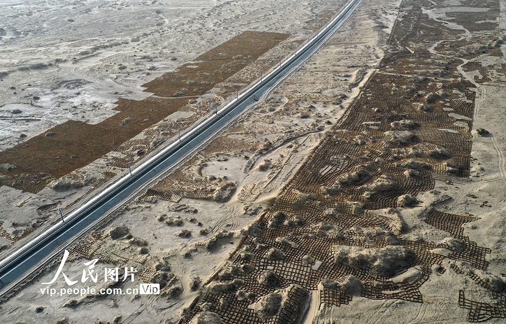 7月14日，在格庫鐵路新疆塔克拉瑪干大沙漠若羌縣段，施工隊在格庫鐵路兩邊進行草方格固沙作業。