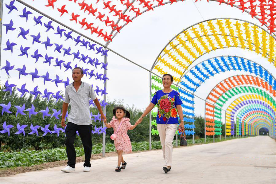 7月19日，东风镇村民在开鲁县东风镇东七家子村万亩果品经济林示范区的风车长廊里游玩。 新华社记者 贝赫 摄