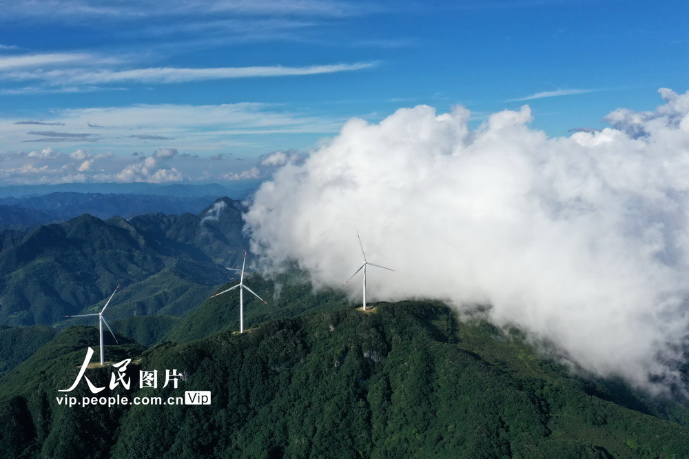 2020年8月16日，俯瞰湖北省保康縣后坪鎮黃連山風力發電場。