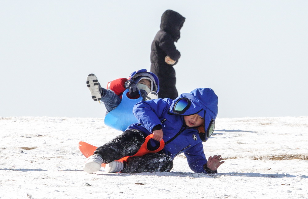 12月30日，孩子們在東郊體育公園玩雪橇。