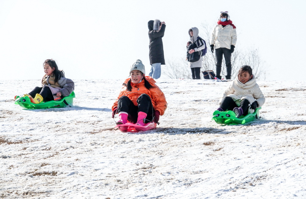 12月30日，孩子們在東郊體育公園滑雪橇。