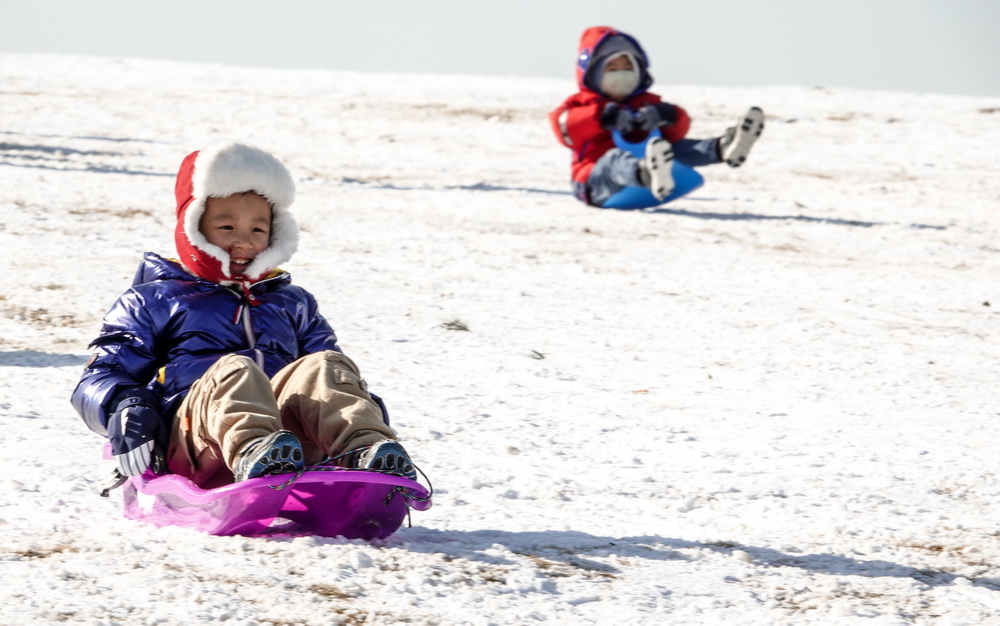 12月30日，孩子們在東郊體育公園玩雪橇。