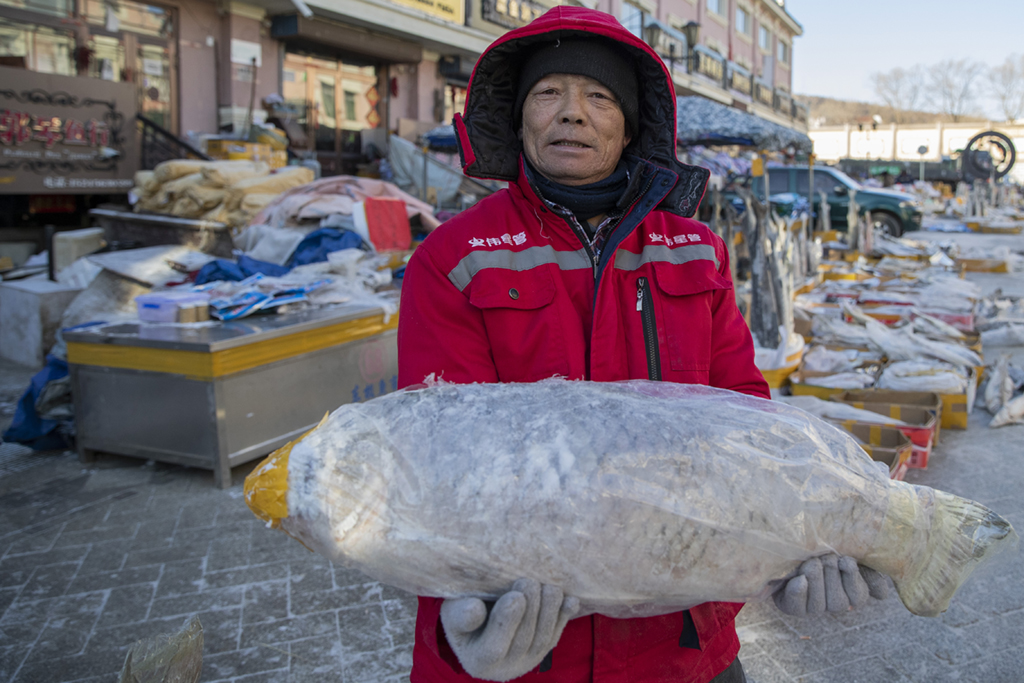 1月9日，在撫遠“東極魚市”內，商戶捧起一條凍魚。