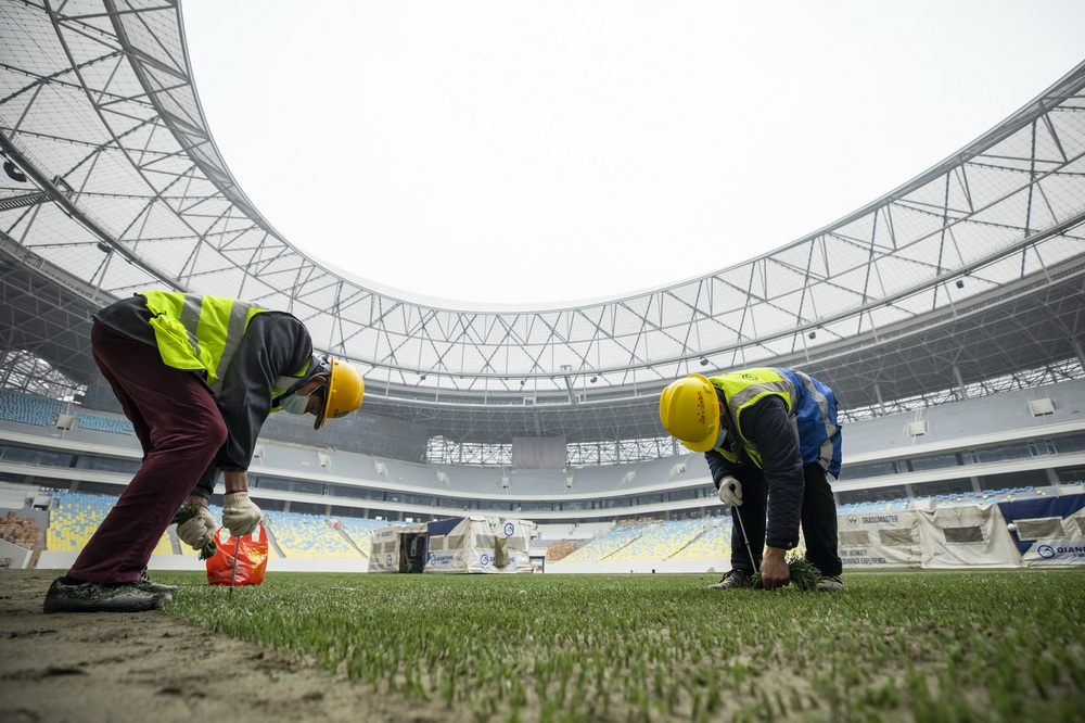 1月27日，工人在成都鳳凰山體育公園專業足球場內安裝錨固草坪。新華社記者 沈伯韓 攝