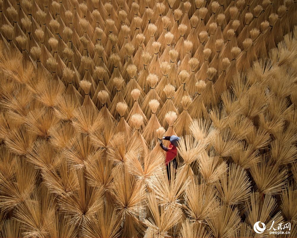 在竹簽加工廠裡，工人正在制作竹簽。陳秀玉2020年10月拍攝於福建省古田縣。