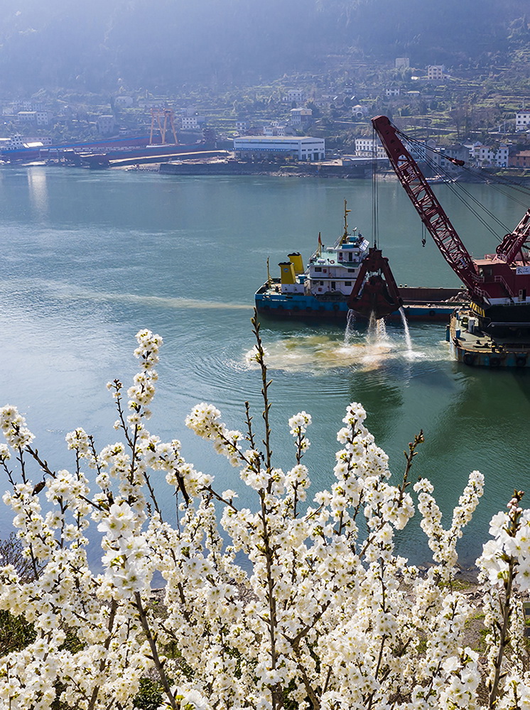 2月16日，施工船舶在三峽大壩下游蓮沱水域進行施工作業（無人機照片）。