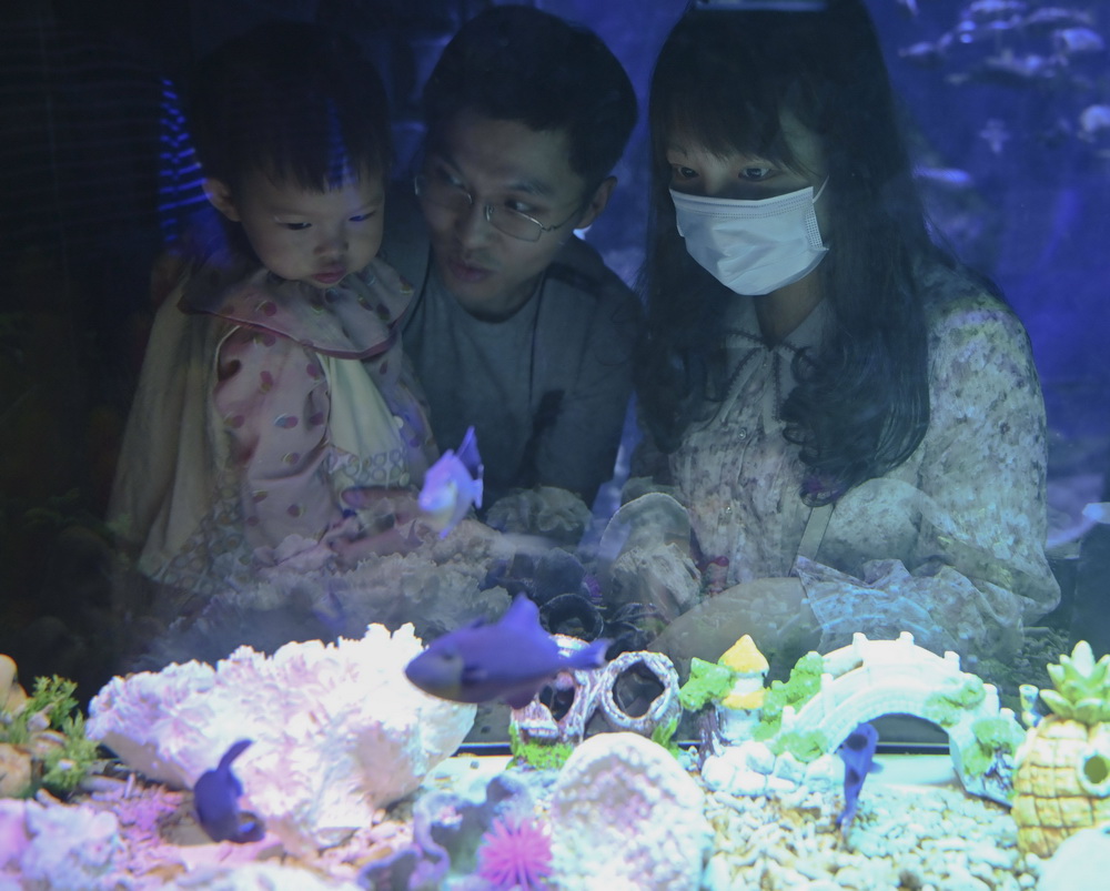 5月2日，家長帶著孩子在福州左海海底世界觀賞小魚。