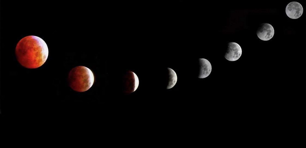 這是5月26日晚在新西蘭克賴斯特徹奇拍攝的“超級月亮”和月食景象（合成照片）。新華社發（孫曉桐攝）