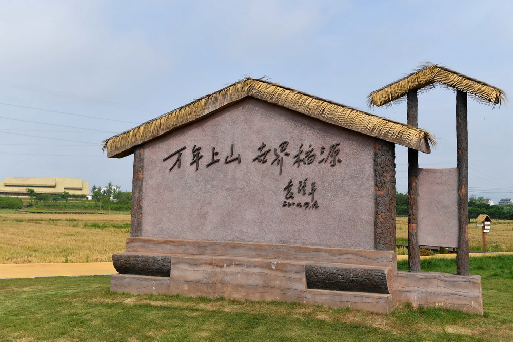 在上山考古遺址公園拍攝的袁隆平院士題詞——“萬年上山 世界稻源”（5月12日攝）。新華社記者 黃宗治 攝