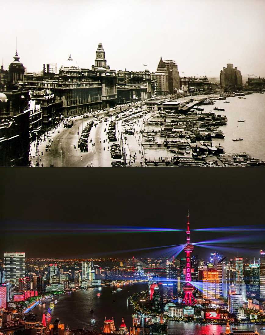 拼版照片：上圖為解放前的上海外灘（上海市檔案館提供）﹔下圖為上海浦江兩岸燈光璀璨（2019年9月18日新華社記者任瓏攝）。新華社發