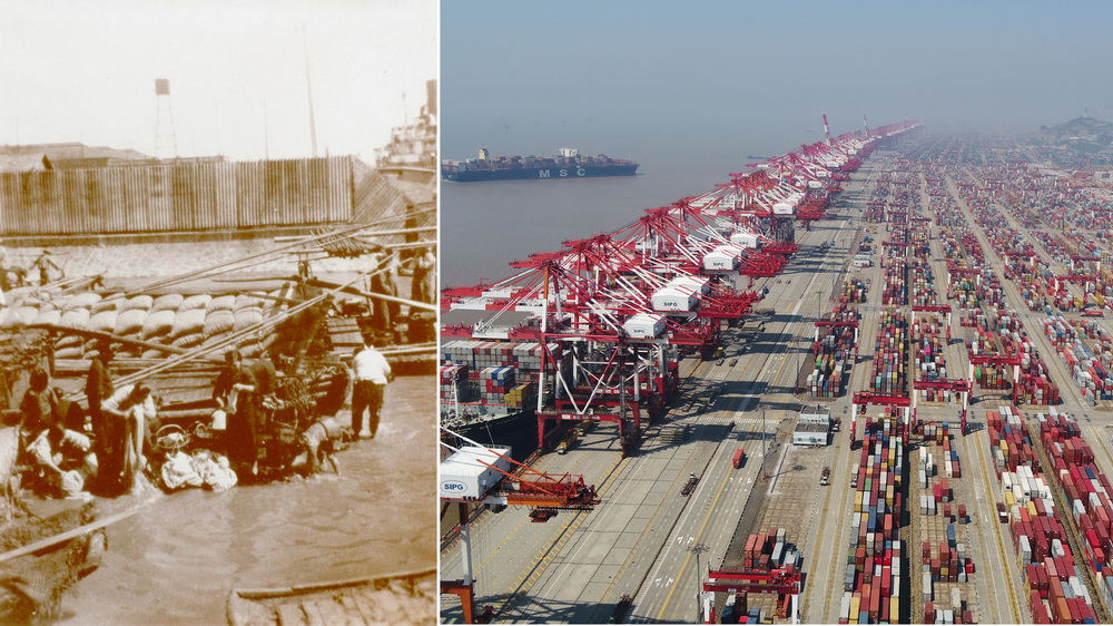 拼版照片：左圖是解放前的上海爛泥渡貨運碼頭（資料照片）﹔右圖是2020年3月18日拍攝的上海洋山港集裝箱碼頭（無人機照片，新華社記者丁汀攝）。新華社發