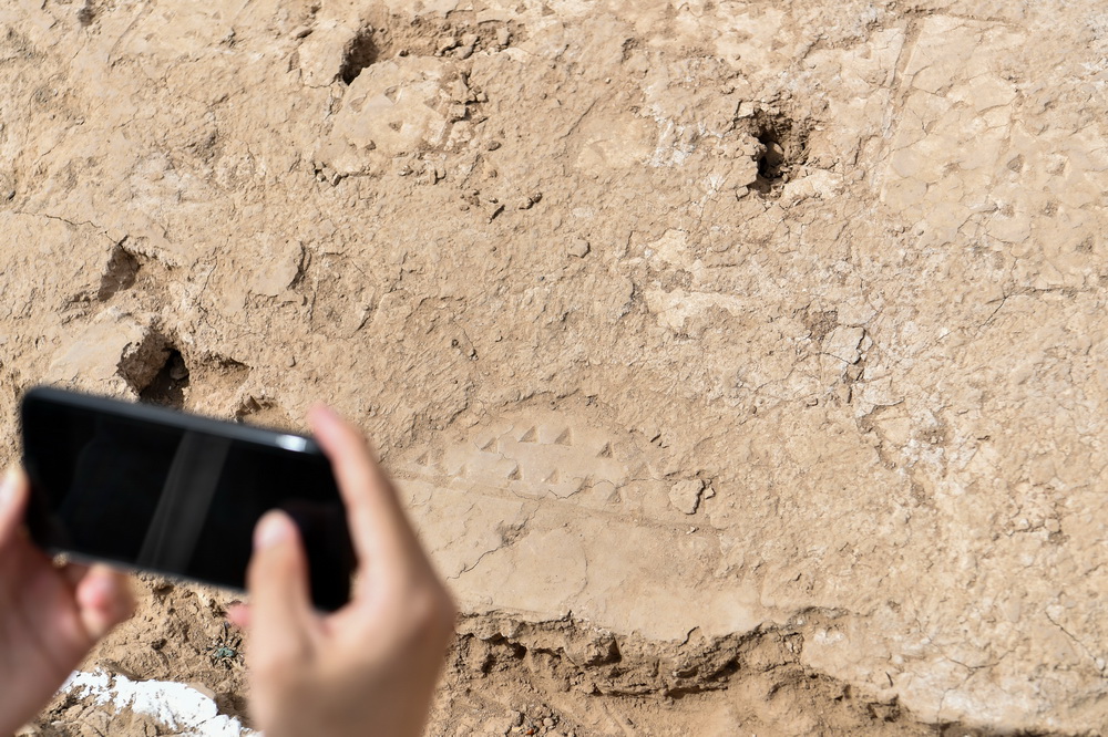 在陶寺遺址宮城內的大型夯土建筑基址上，考古工作者在拍攝房址“裝修”的痕跡（6月3日攝）。