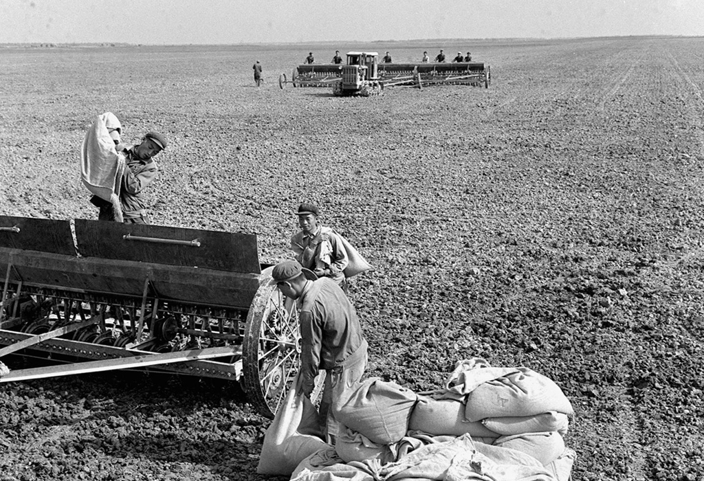 1963年，河南黃泛區農場計劃播麥7萬多畝，全部用機械播種。這是農場職工正在播麥。新華社記者 嚴世昌 攝
