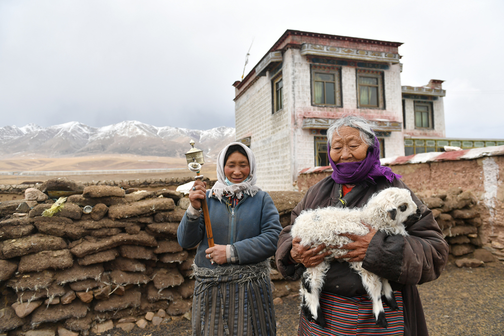 斯曲老人在牧區抱著小羊羔（4月15日攝）。