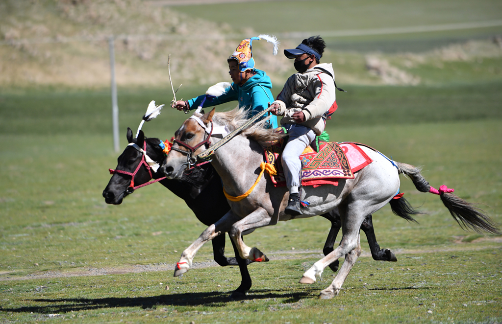 7月15日，西藏班戈縣青龍鄉牧民在草原上賽馬。