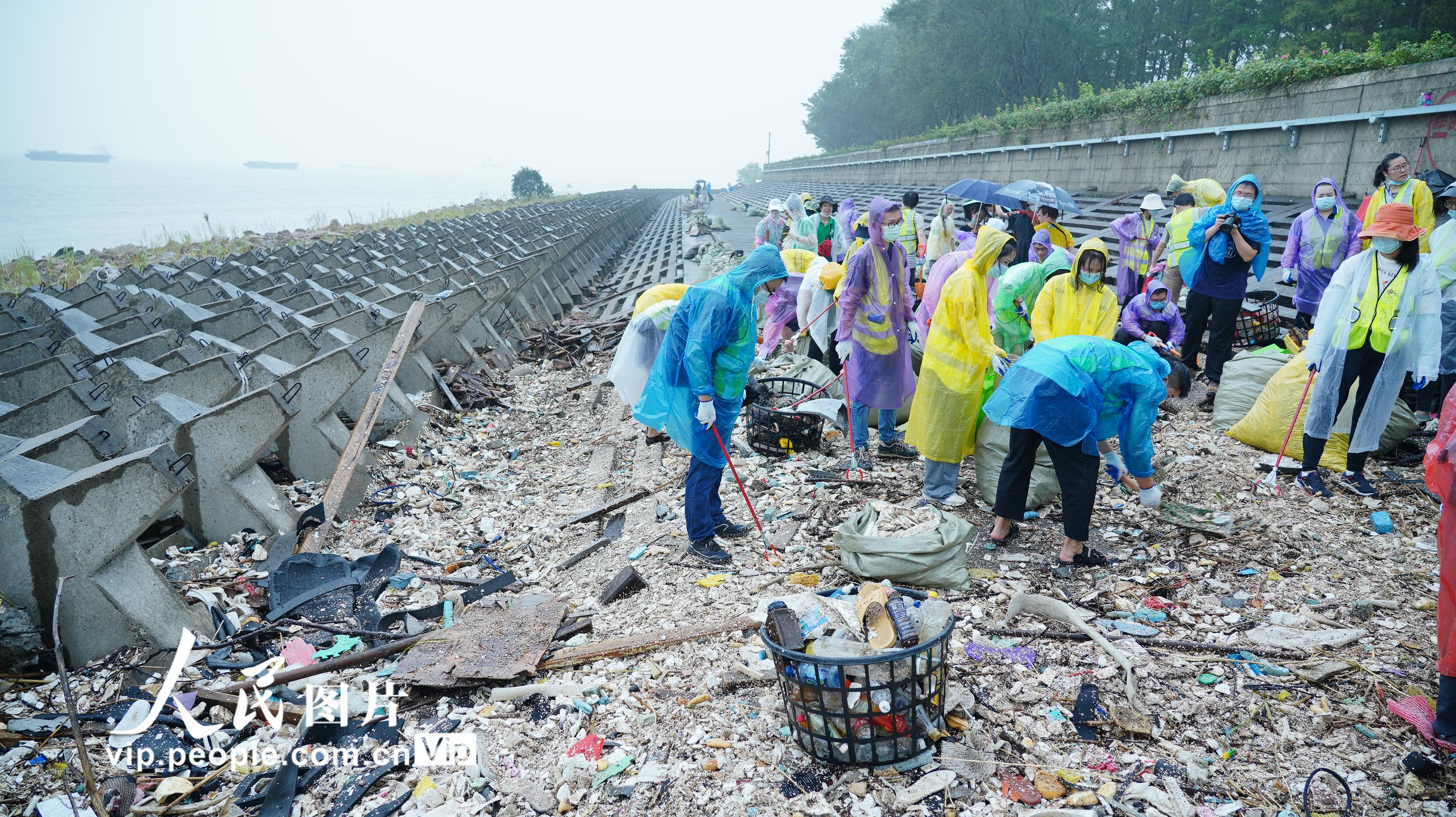 上海：市民冒雨清理滨江岸线垃圾