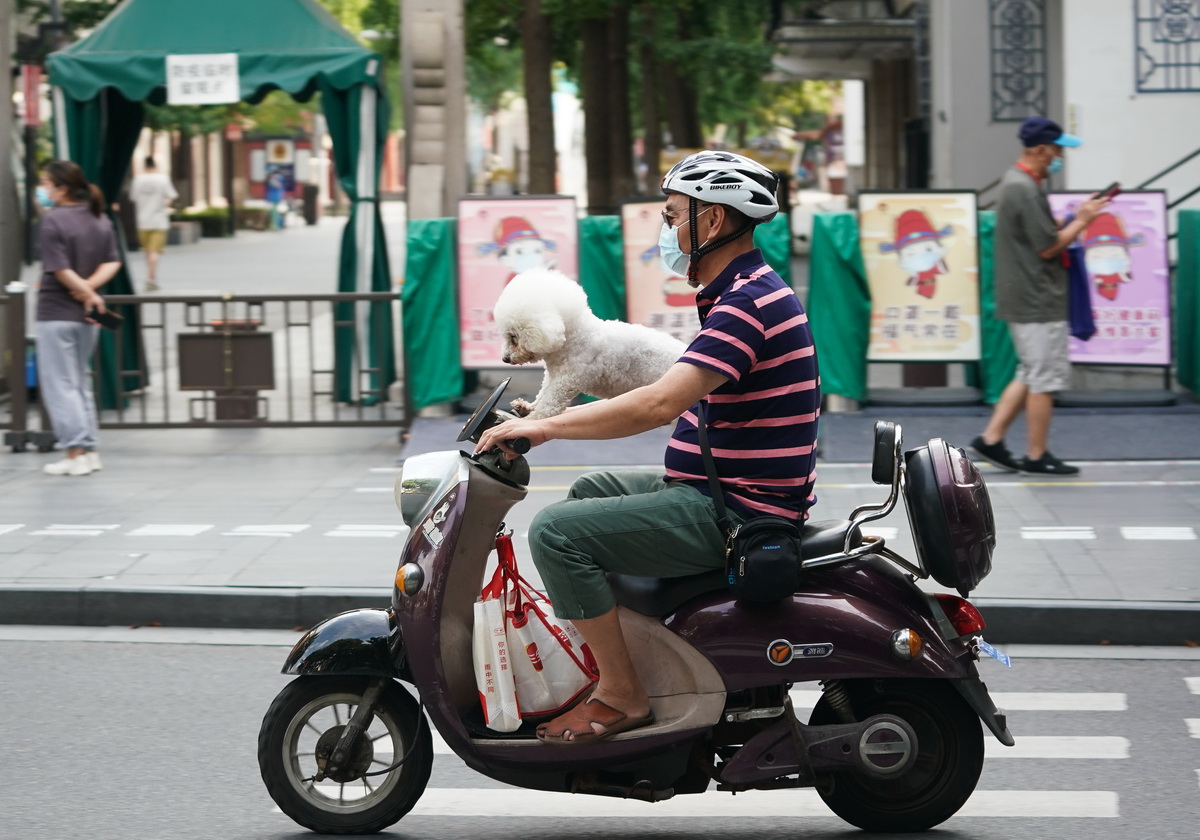 8月17日，市民在南京街頭騎行。