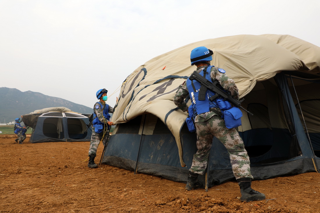 9月7日，在“共同命運-2021”國際維和實兵演習專業分訓中，參演官兵在臨時行動基地建設課目中搭建帳篷。