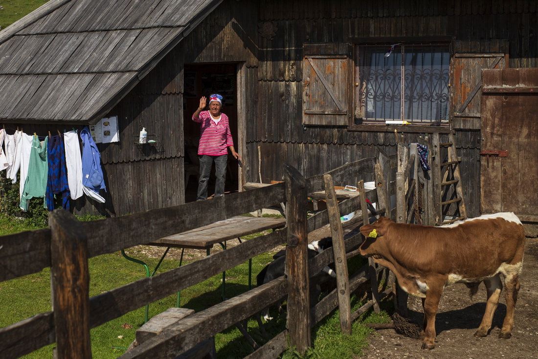 9月8日，斯洛文尼亞維利卡普拉尼那高地的牧民在小木屋前揮手。