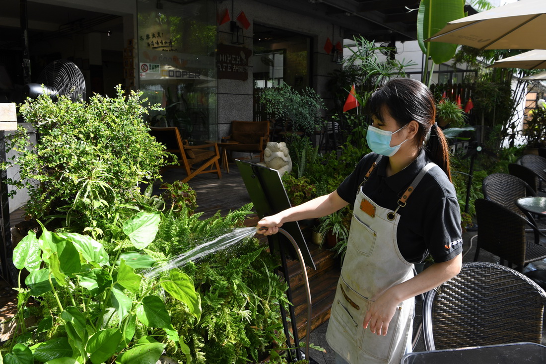 10月8日，厦门思明区一家咖啡店工作人员在为店前的花草浇水。