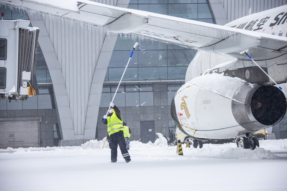 11月8日，機務員用長杆清除機翼上的冰雪。新華社發（陳鬆 攝）