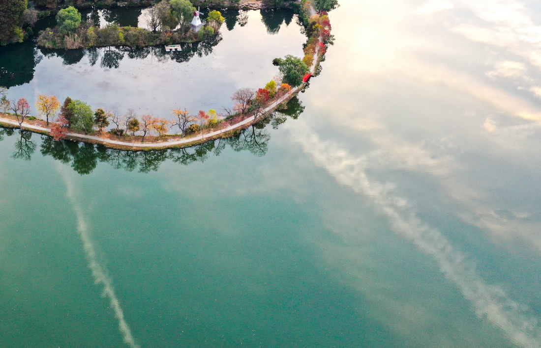 11月16日，晨曦中的南京前湖公園（無人機照片）。