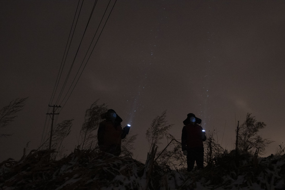 11月21日晚，國網雞西供電公司的工人在雪中巡查線路。