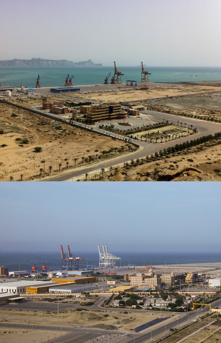 這是一張拼版照片。上圖為：2013年4月25日拍攝的巴基斯坦瓜達爾港區。下圖為：2021年5月6日拍攝的巴基斯坦瓜達爾港區。（中國海外港口控股有限公司供圖）瓜達爾港是中巴經濟走廊的支柱項目之一。2013年，中國海外港口控股有限公司取得瓜達爾港口及自由區運營權，開始對百廢待興的瓜達爾港進行包括生態環境在內的全方位改造。經過多年努力，現在的瓜達爾港好似一幅“黃色沙畫”上的“綠色明珠”。