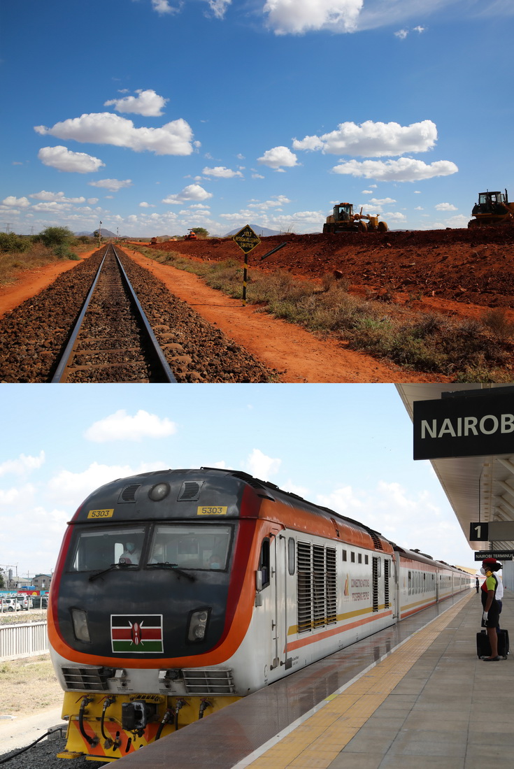 這是一張拼版照片。上圖為：2015年3月19日，在肯尼亞沃伊郡蒙內鐵路第二標段，施工車輛進行路基鋪墊作業。（新華社記者潘思危攝）下圖為：2021年11月17日，由蒙巴薩始發的蒙內鐵路客運列車駛入內羅畢站。（新華社記者董江輝攝）蒙內鐵路連接東非第一大港口蒙巴薩和肯首都內羅畢，於2017年5月31日開通。鐵路全長約480公裡，是肯尼亞獨立以來建設的首條鐵路，是一條採用中國標准、中國技術、中國裝備建造的現代化鐵路。