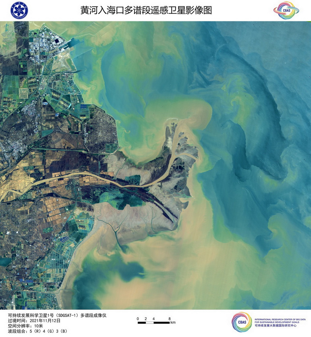 黃河入海口多譜段遙感衛星影像圖。