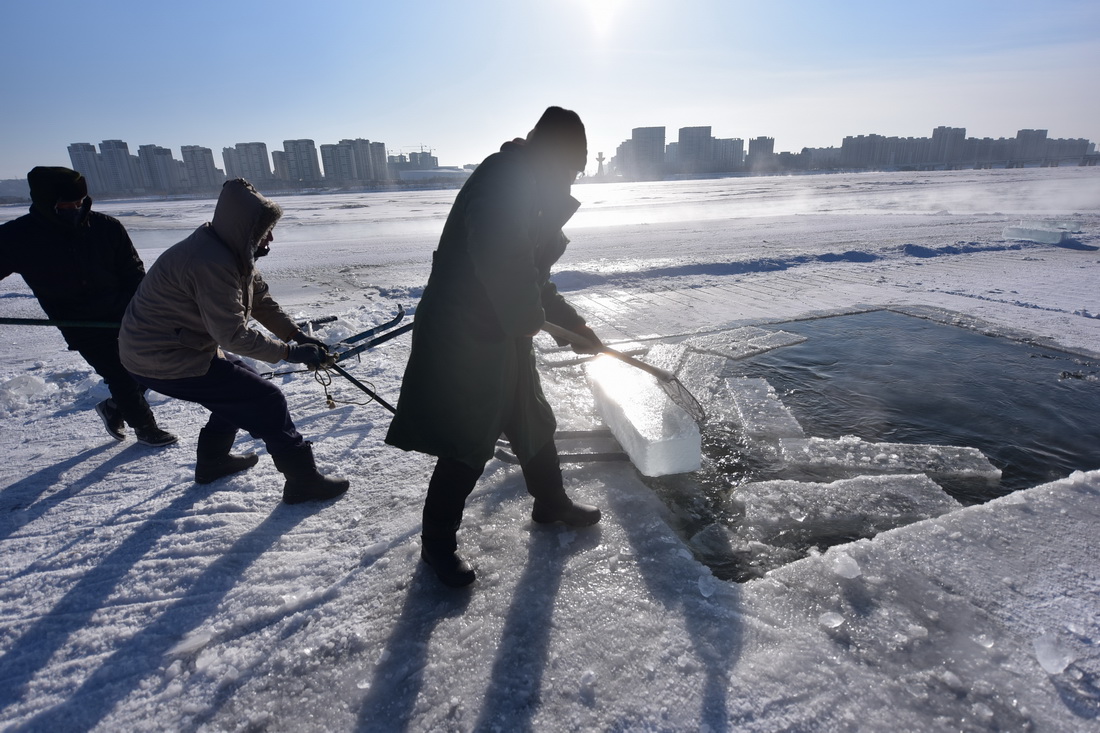 12月26日，在黑龙江省牡丹江市江滨码头附近，工人在采冰现场忙碌。