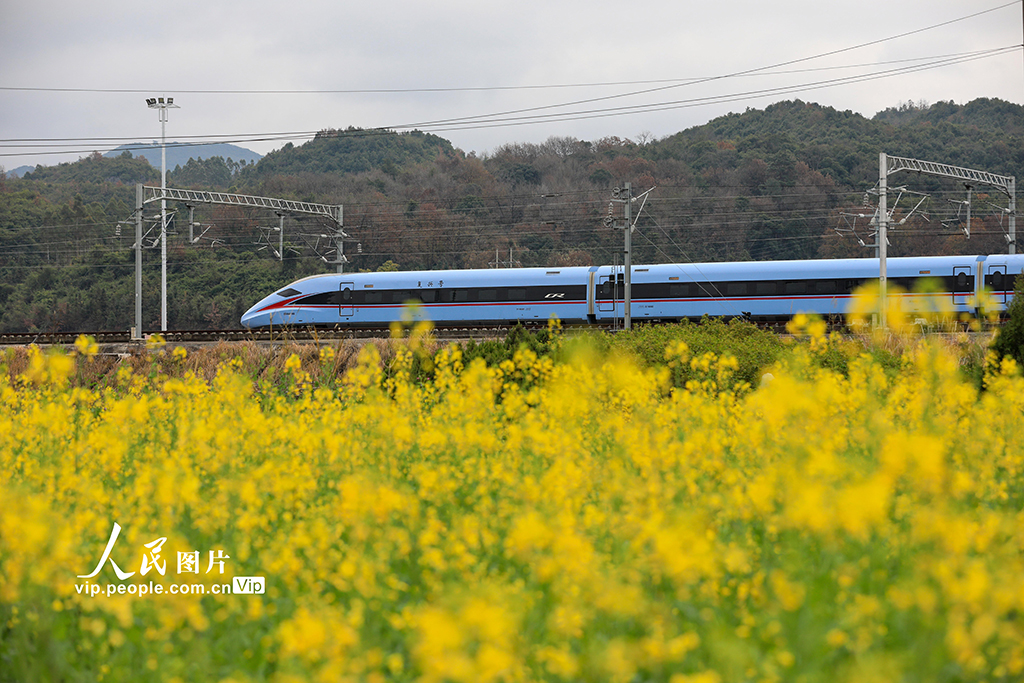 2022年1月9日，一列動車組列車在貴廣高鐵貴州省從江縣境內行駛。羅京來攝（人民圖片網）