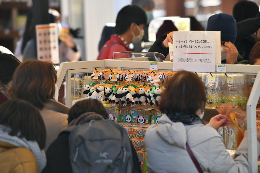 1月12日，游客在日本東京上野動物園參觀大熊貓后選購大熊貓紀念品。新華社記者 張笑宇 攝