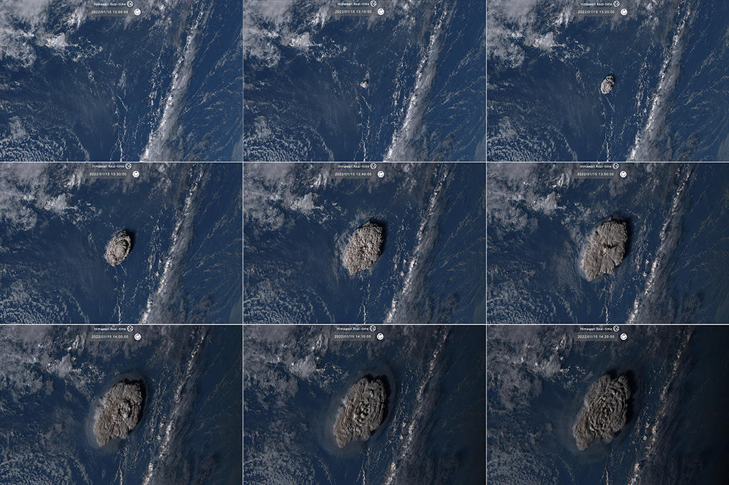 這張1月15日的拼版照片顯示的是衛星拍攝的湯加海底火山噴發景象。