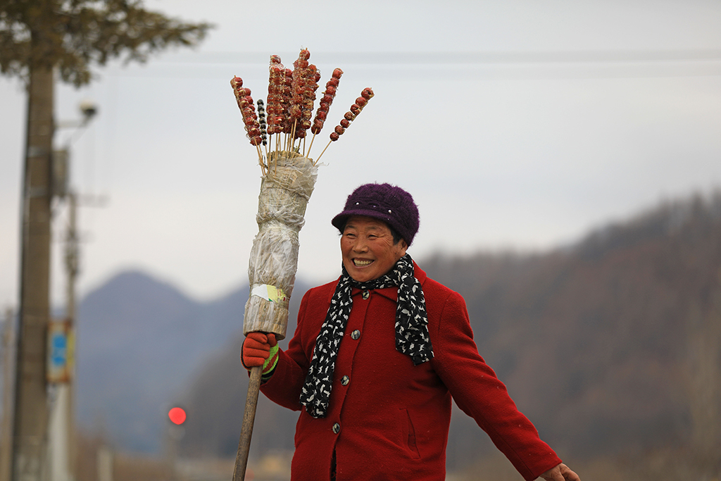 1月15日，在辽宁省凤城市石城站，一位农民带着自制的糖葫芦准备上车。新华社记者 杨青 摄