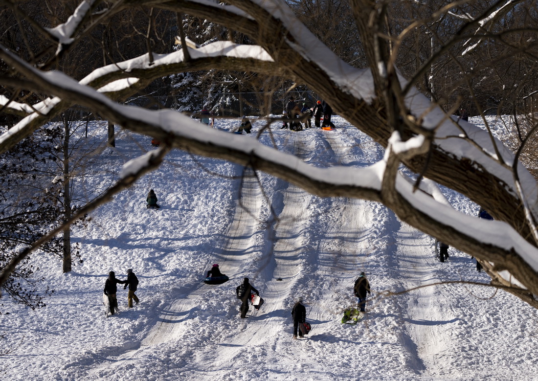1月18日，人们在加拿大多伦多一处积雪的小坡上玩耍。新华社/美联