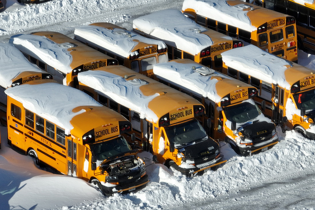 1月18日，在加拿大大多伦多地区斯卡伯勒，停运的校车被积雪覆盖。新华社/路透
