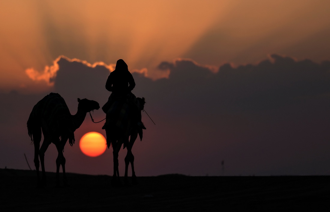 1月23日，一名男子騎著駱駝走在阿聯酋古城扎耶德附近的沙漠中。