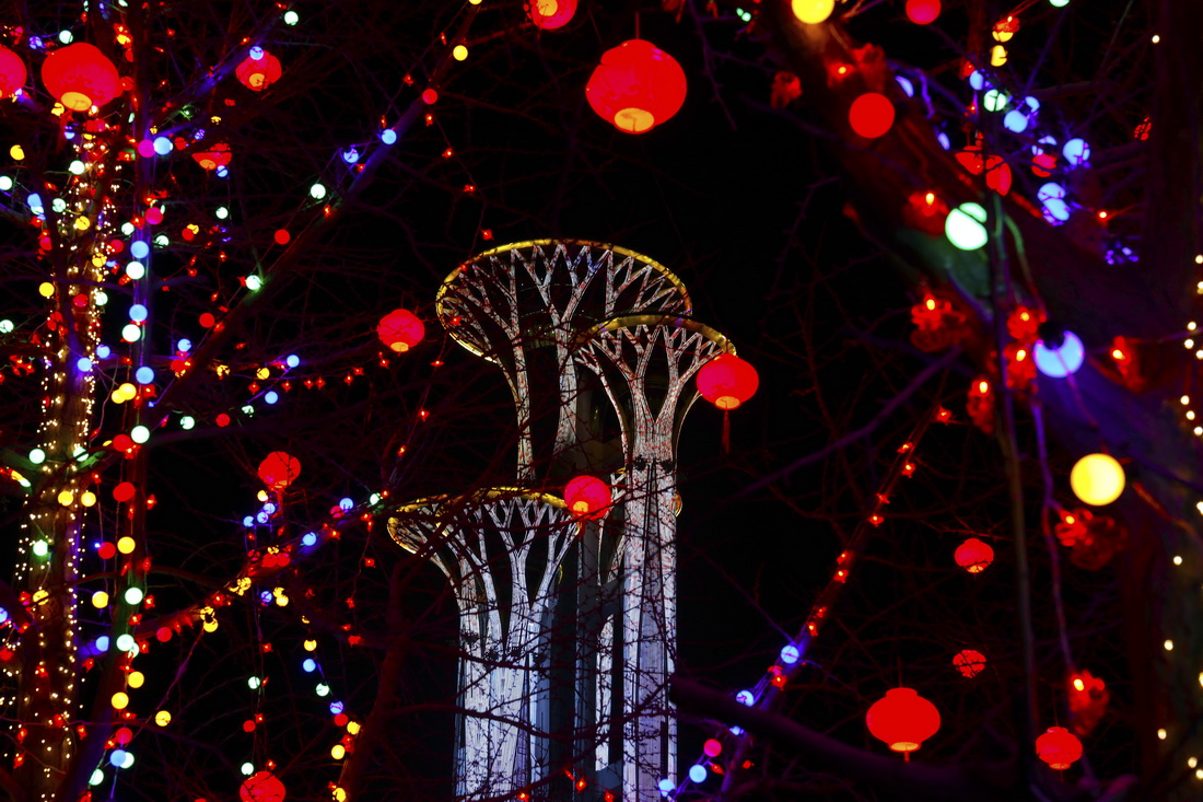 这是1月29日晚拍摄的奥林匹克塔的灯光秀。新华社记者 丁旭 摄