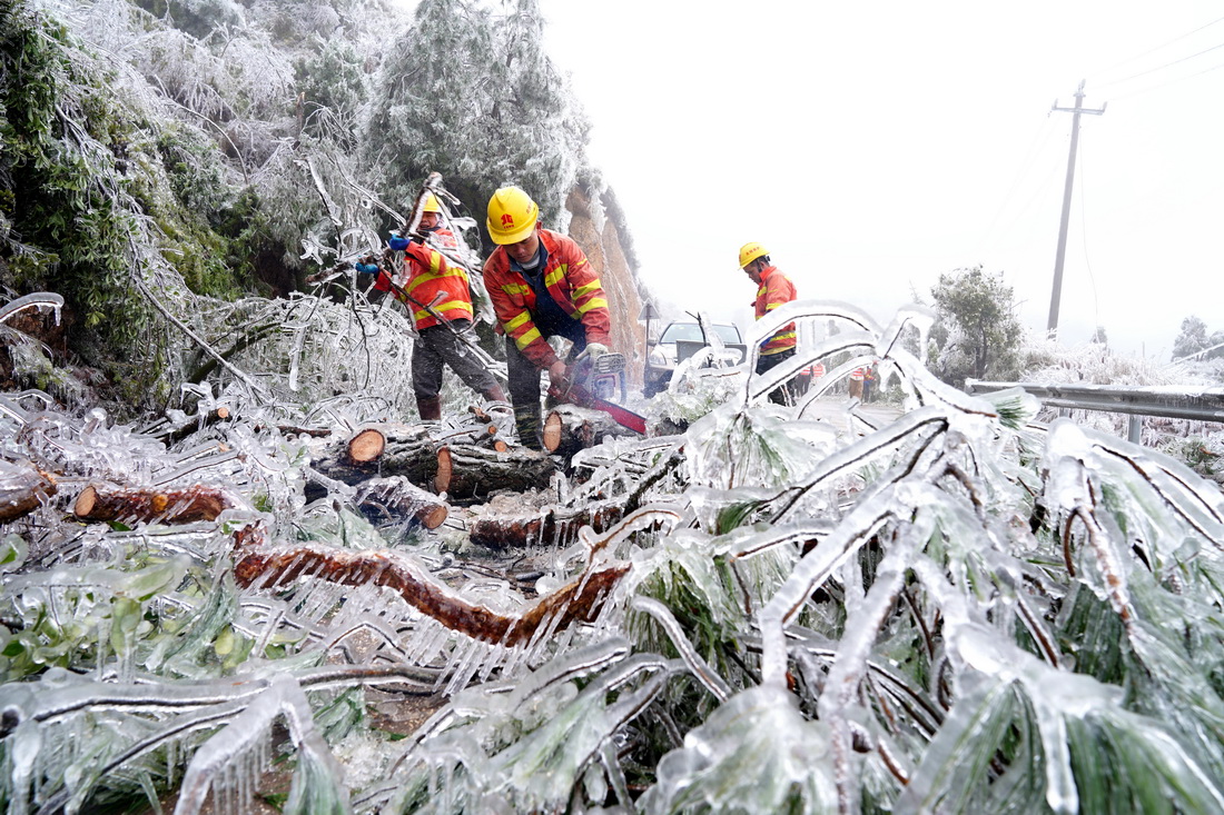 2月21日，在廣西金秀瑤族自治縣金秀鎮長二村，公路管護人員加緊清理被冰雪壓斷在路面的樹枝。新華社發（高如金 攝）