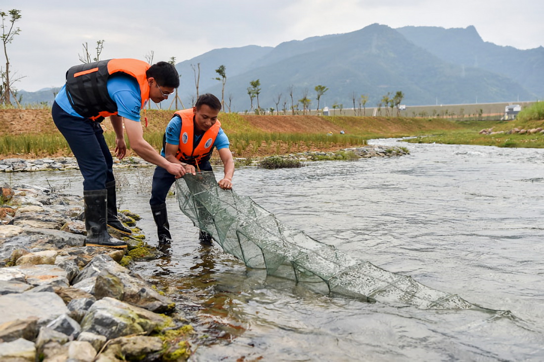 3月11日，技术人员在回收用于监测过鱼种类的地笼网。