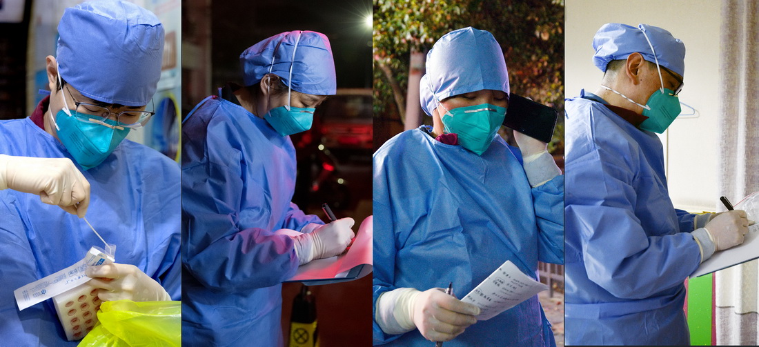拼版照片为3月17日凌晨拍摄的正在工作的青浦疾控流调人员。左起：杨洋、李燕、吴丽珠和陈云。新华社记者 刘颖 摄