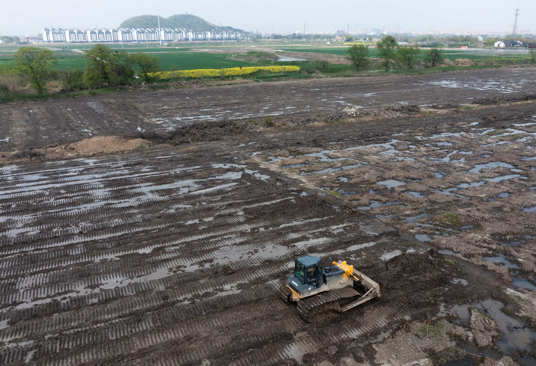 3月30日，推土機在湖州市吳興區東林鎮東華村一片進行“非糧化”整治的農田裡平整土地（無人機照片）。