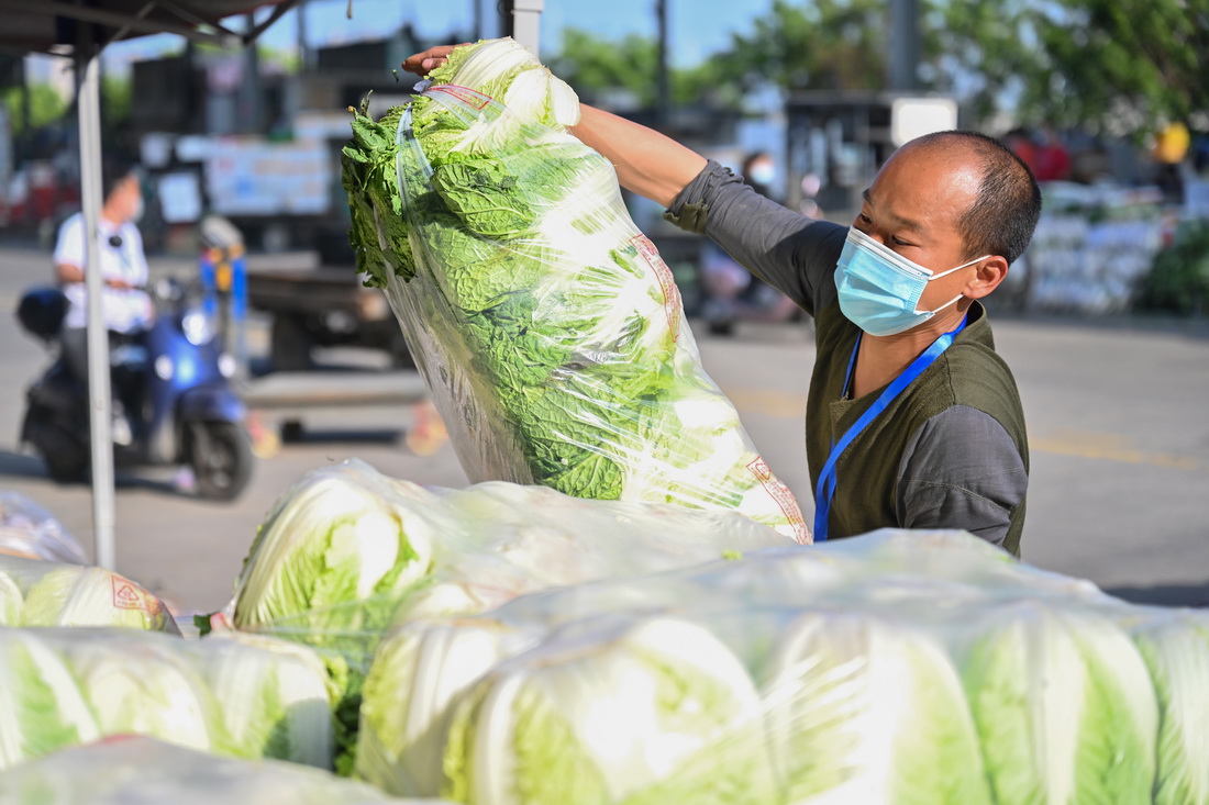 3月30日，在福建省晉江市禾恆蔬菜批發市場，商販在裝運蔬菜。