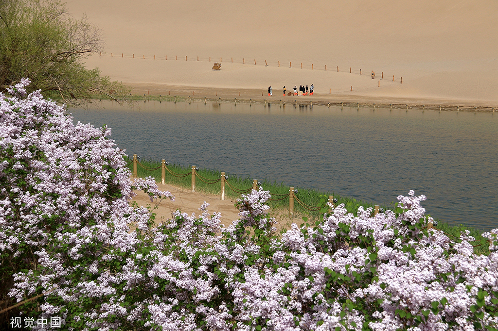 2022年4月10日，游客在甘肅省敦煌市鳴沙山月牙泉景區游覽。