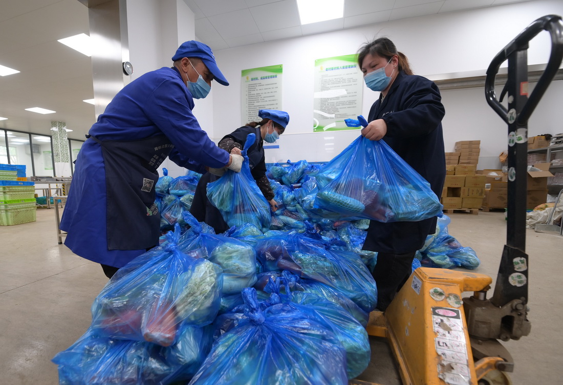 工作人员在装运打包好的蔬菜，准备运往市区（4月19日摄）。
