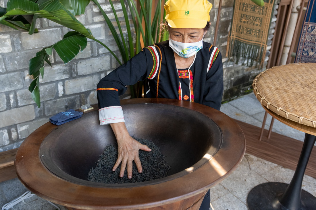 工作人员在“寻觅雨林・万物共生”热带雨林文化展上制作茶叶（4月20日摄）。新华社记者 胡智轩 摄