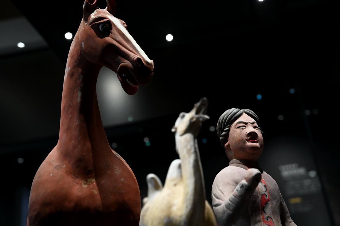 這是陝西考古博物館展出的唐代彩繪陶牽馬俑及馬（4月28日攝）。