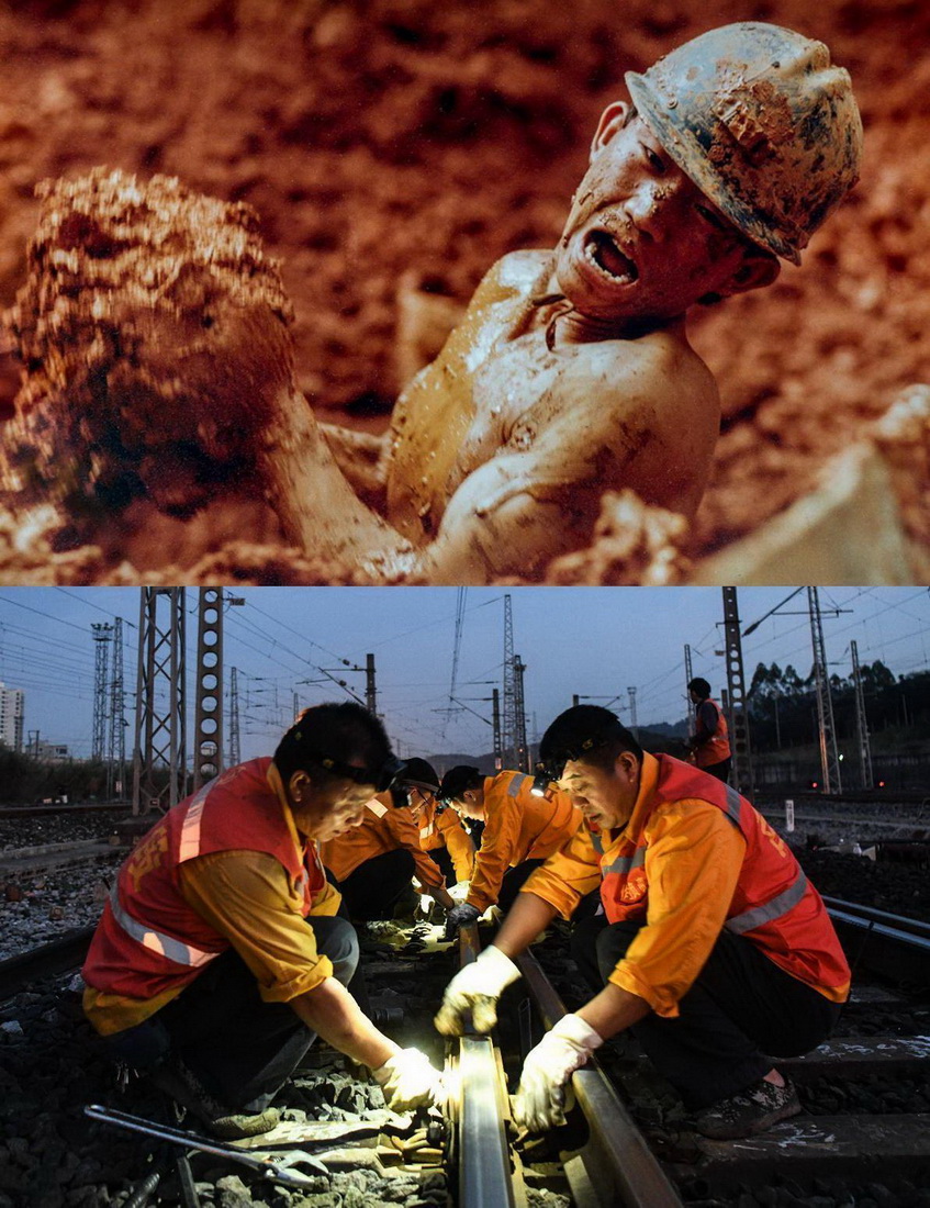 拼版照片：上圖為1993年南昆線上一名鐵路工人在清理淤泥（資料圖片，中國鐵路南寧局集團有限公司提供）﹔下圖為中國鐵路南寧局集團有限公司百色工務段工人在維修鐵軌（新華社記者張愛林2021年4月30日攝）。