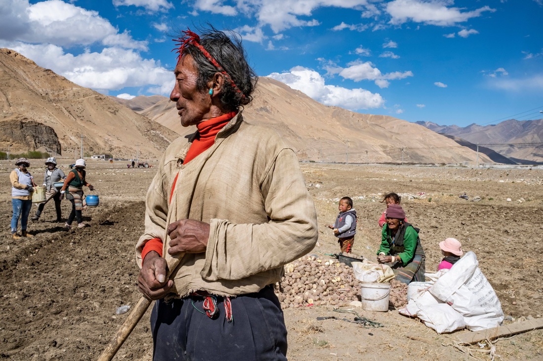 西藏定日縣扎西宗鄉日白拉新村的村民在勞作（5月10日攝）。新華社記者 孫非 攝